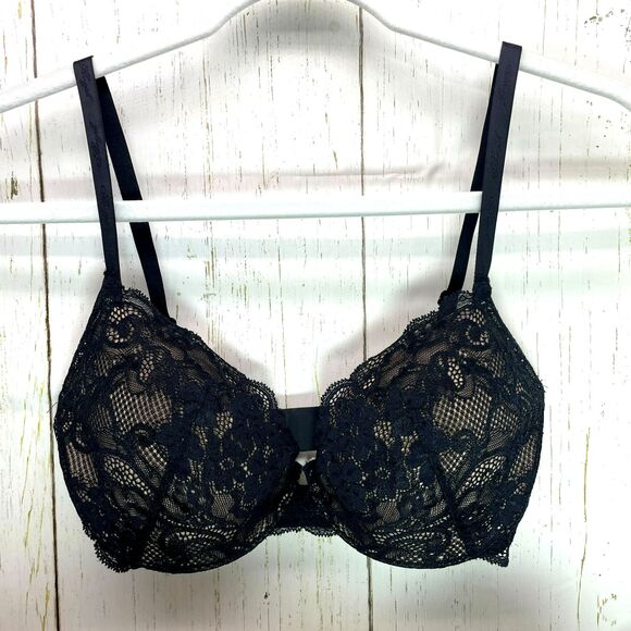 Victorias Secret Women Bra Size 34D Black Nude Lace Angels IPEX Demi Underwire - Picture 1 of 7
